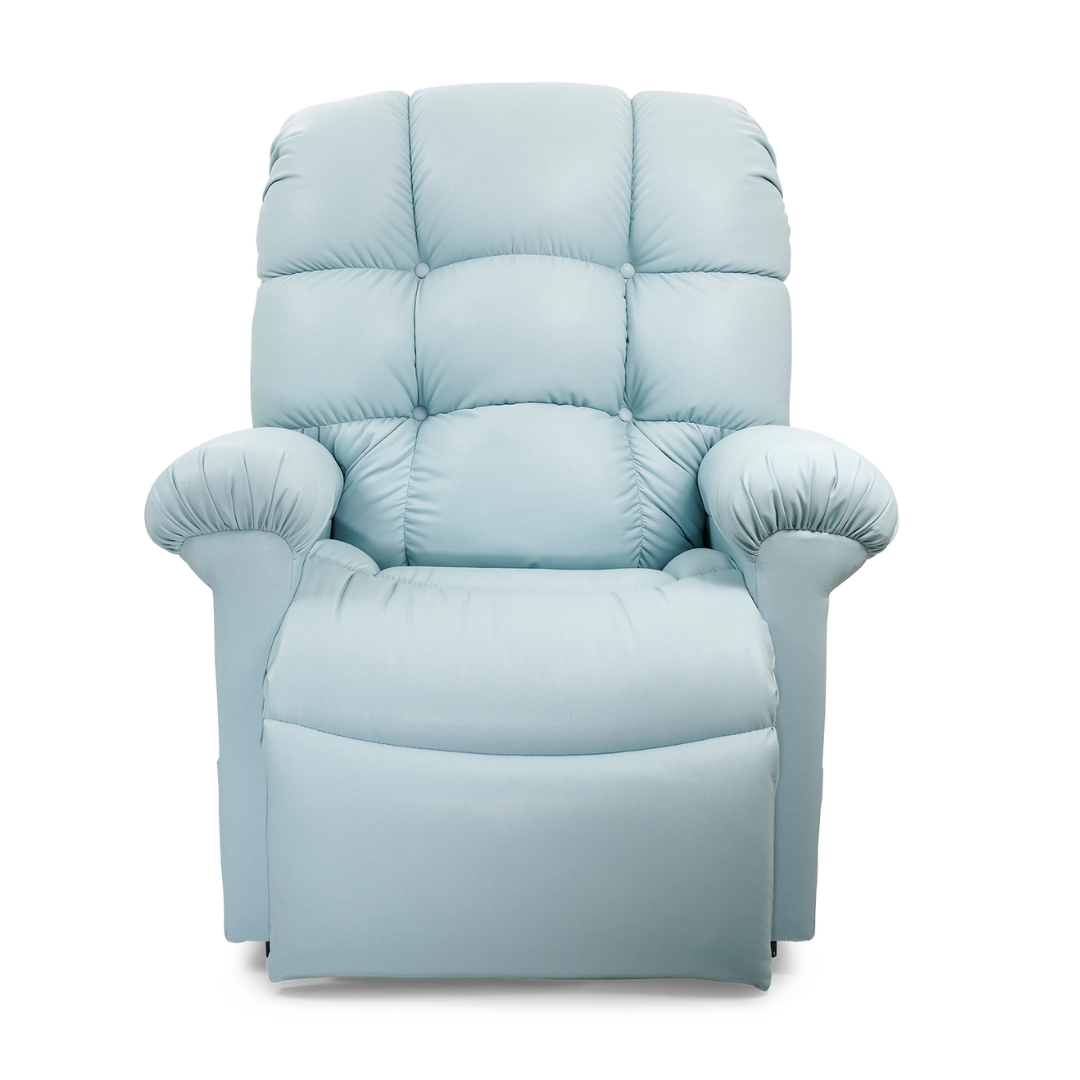 The Golden Tech PR515 Cloud Recliner With Lift Assist, ZG+ & Twilight - MD/LG in light blue features padded armrests, a tufted backrest, ergonomic support, and a zero-gravity experience, shown against a white background.